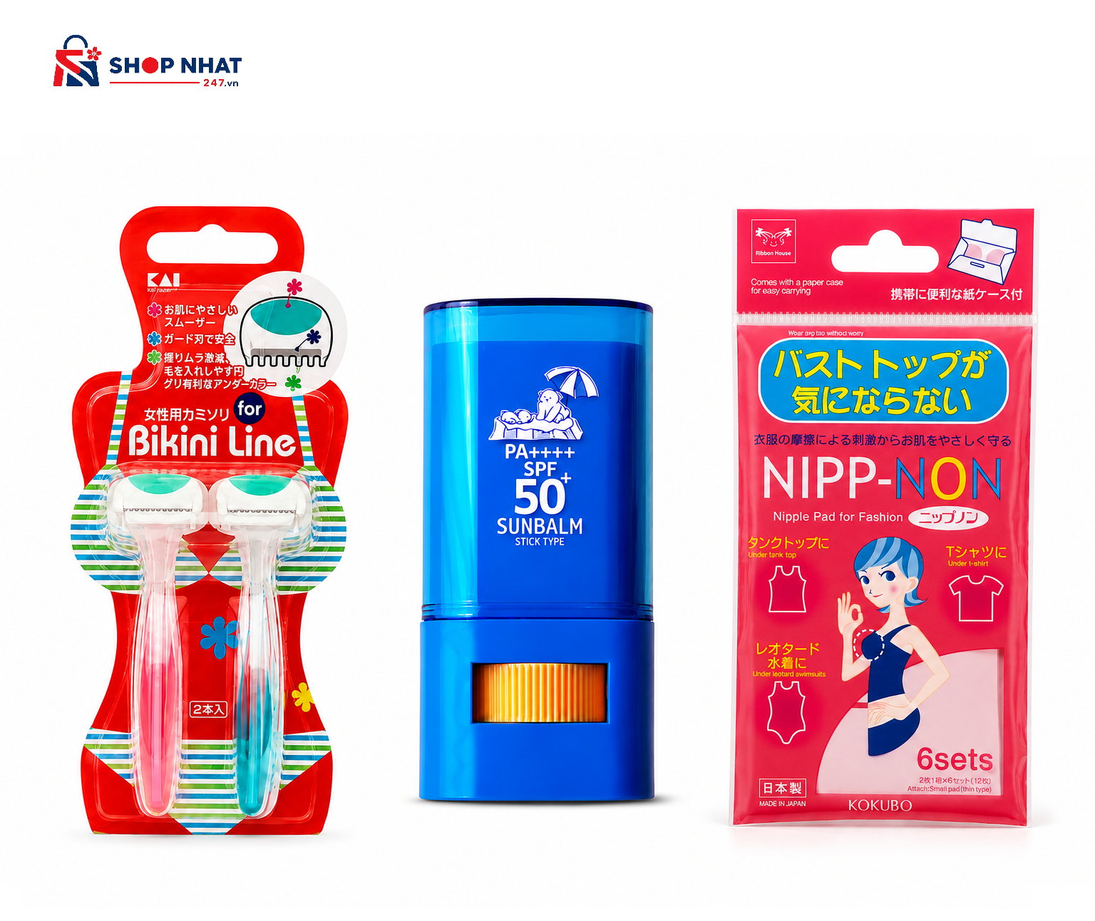 COMBO Du lịch -  Set 2 Dao Cạo Vùng Bikini KAI, Miếng Dán Che Ngực NIPP-NON Kokubo và Kem Chống Nắng Dạng Thỏi Fresh UV Sun Balm 
