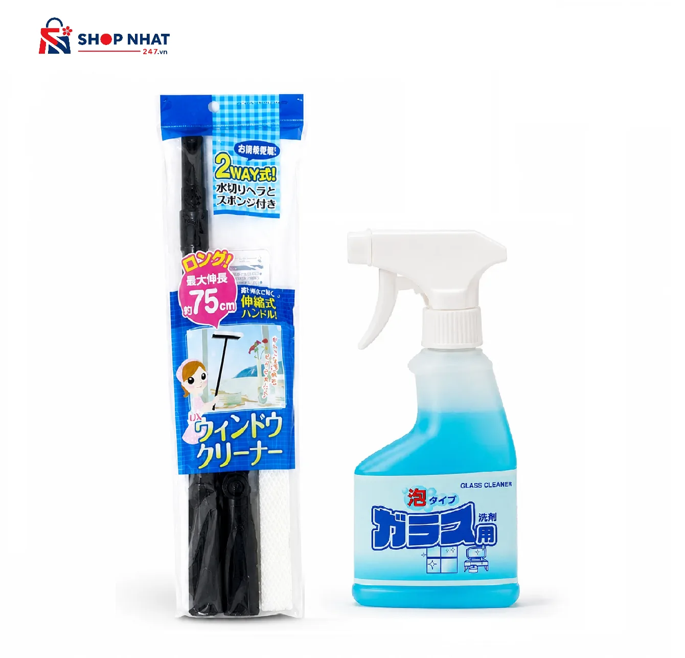 COMBO Vệ sinh - Chai Xịt Lau Kính Dạng Bọt Rocket 300ml kết hợp Cây Lau Kính Kéo Dài 75cm Seiwa-Pro Nhật Bản 