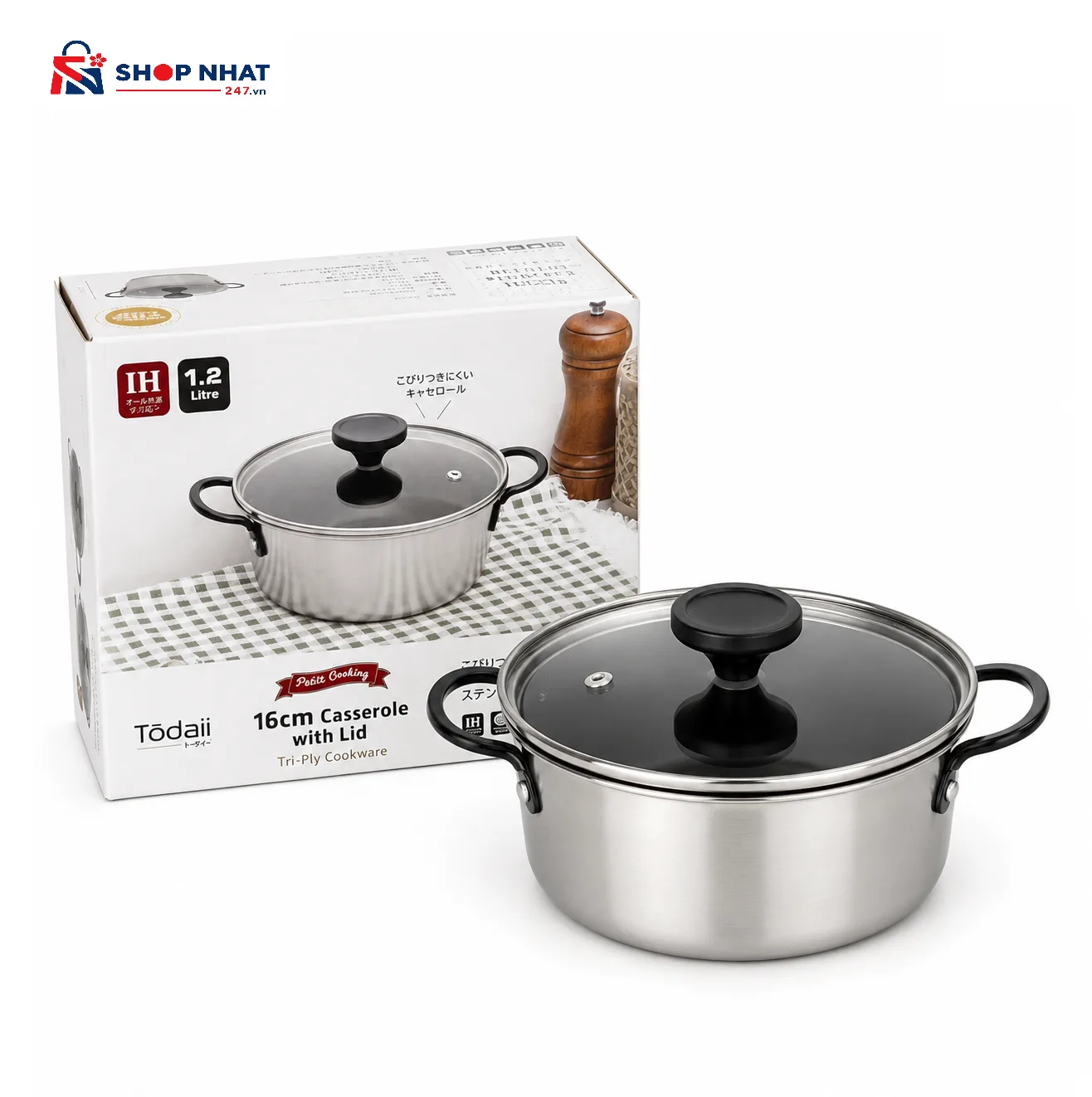 Nồi Chống Dính Inox 3 Lớp Liền Đáy Todaii Tri-Ply Mini 16cm Nắp Kính