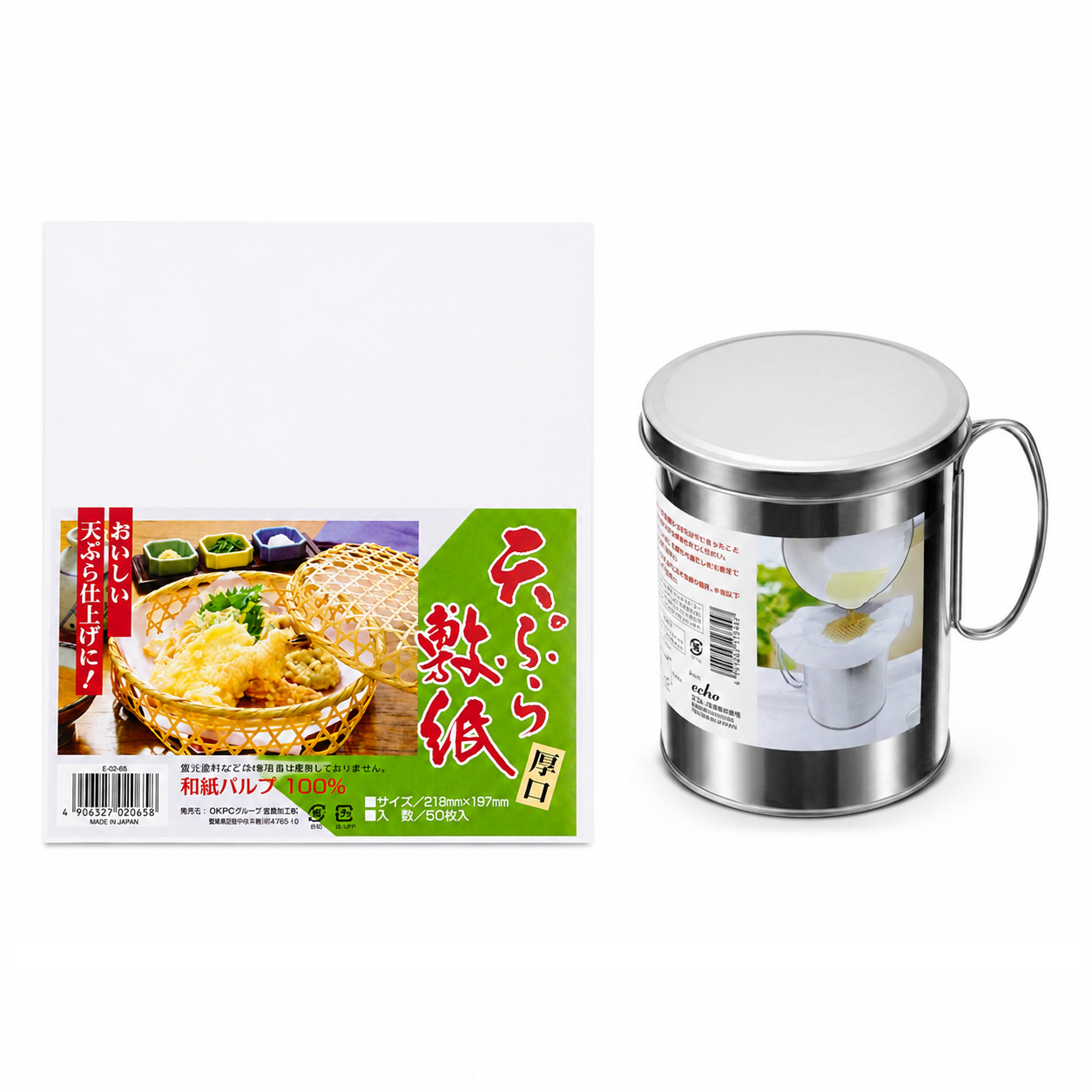 COMBO Dụng cụ Bếp - Bình Đựng Dầu Ăn Kèm Lưới Lọc Echo Metal 700ml & Giấy Thấm Dầu Kyowa 40 Tờ Nhật Bản