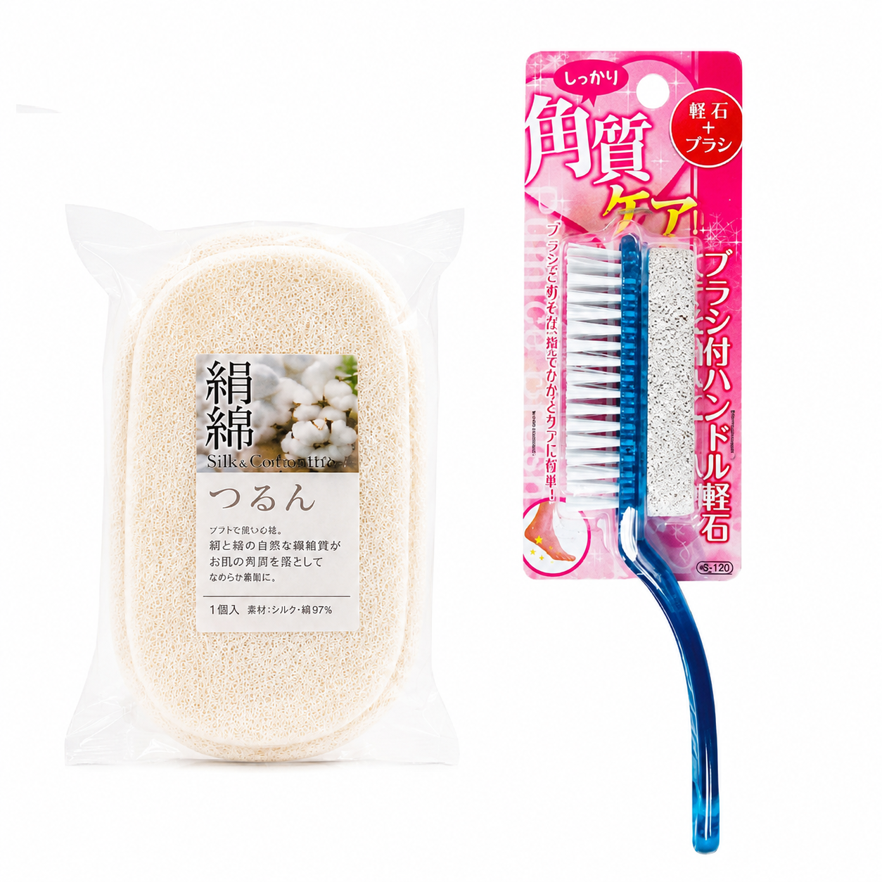 COMBO Thư giãn - Dụng Cụ Chà Gót Chân 2 Trong 1 & Bông Tắm Tạo Bọt Cotton Lụa Tơ Tằm Chăm Sóc Cơ Thể Seiwa Pro Nhật Bản 