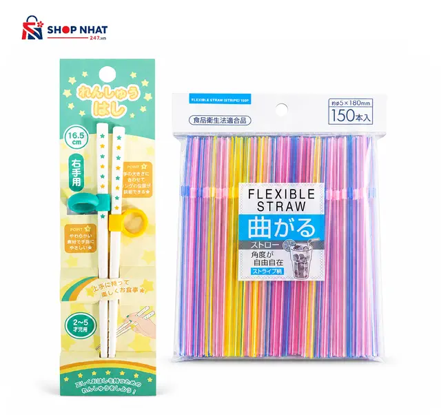 COMBO Ăn dặm toàn diện - Đũa Tập Gắp Xỏ Ngón Cho Bé Seria và Set 150 Ống Hút Flexible Straw Seiwa Pro Nhật Bản