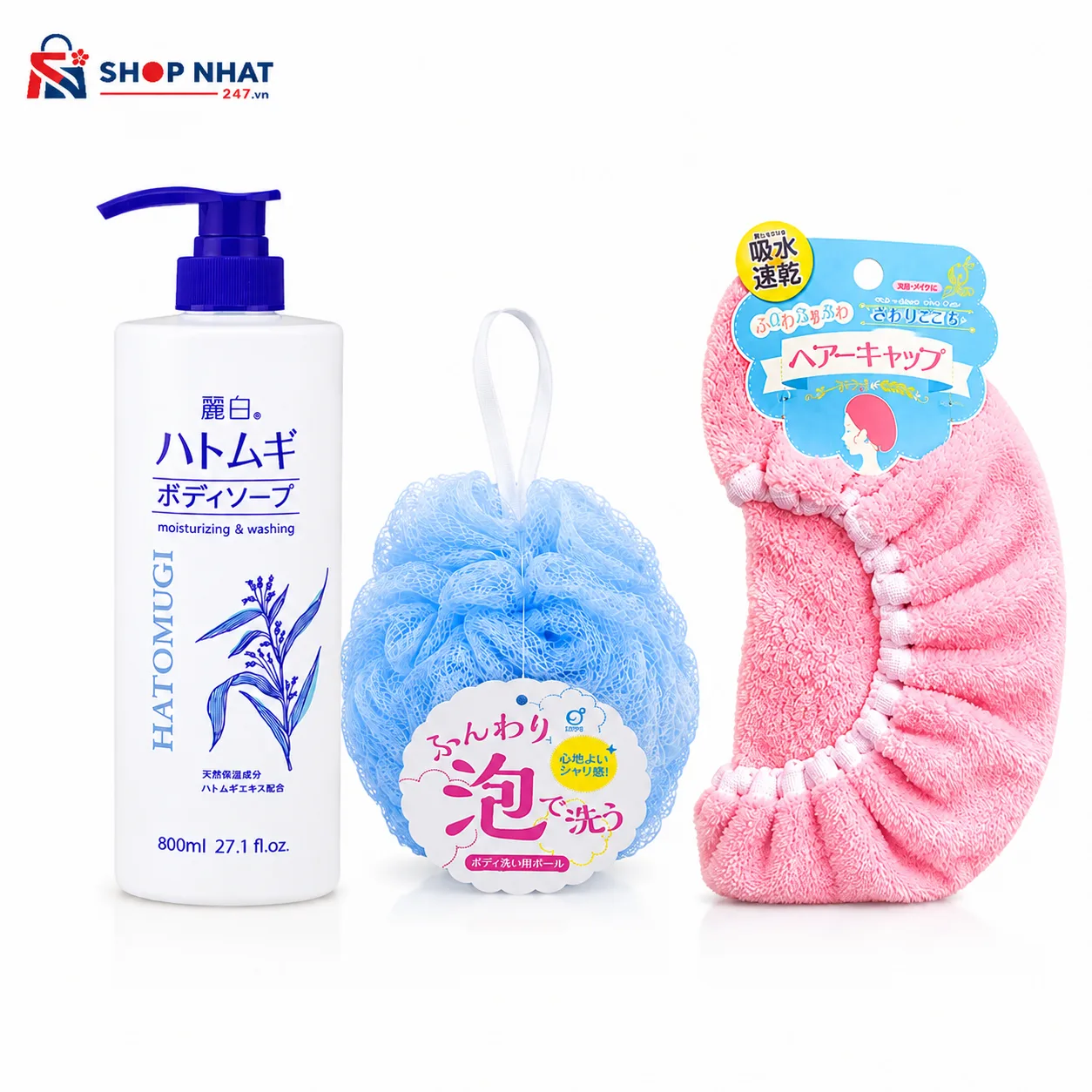 COMBO Thư giãn - Chăm Sóc Cơ Thể Nhật Bản – Sữa Tắm Hatomugi, Bông Tắm Tạo Bọt & Mũ Chụp Tóc Siêu Thấm Okazaki