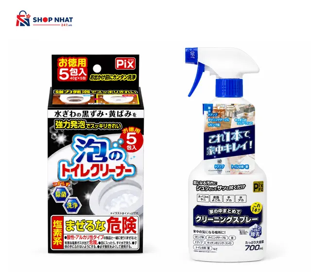 COMBO Vệ sinh - Chai Xịt Vệ Sinh Nhà Cửa PIXPRO OxiFinish 700ml và Bột Vệ Sinh Toilet Tạo Bọt Pix 5 Gói Lion Chemical Nhật Bản