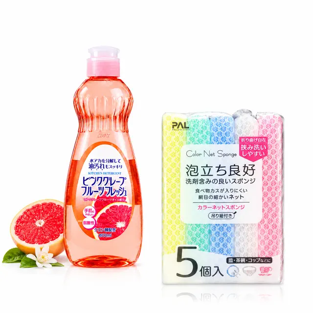 COMBO Làm sạch Bếp - Nước Rửa Chén Rocket Soap Hương Bưởi 600ml & Set 5 Miếng Mút Cọ Rửa Tạo Bọt Bọc Lưới Seiwa Pro Nhật Bản