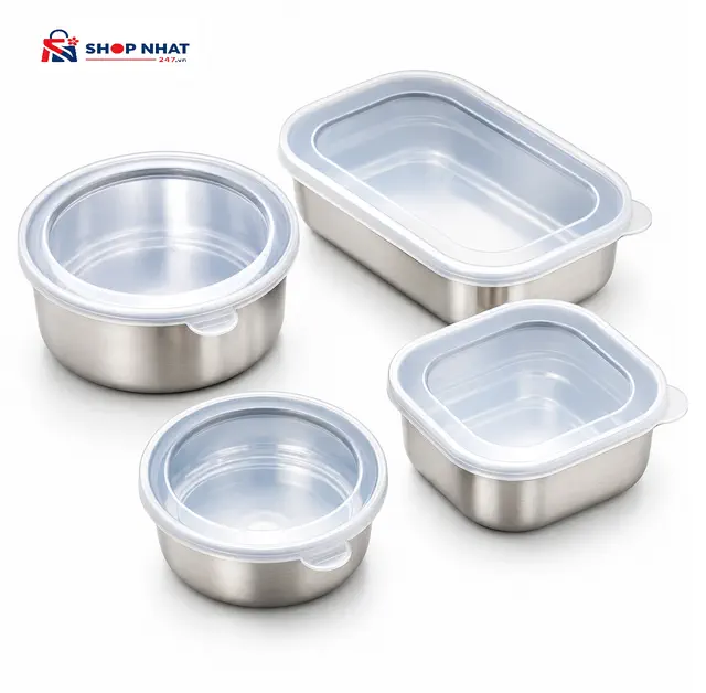 COMBO Bảo quản - 4 Hộp Đựng Thức Ăn Inox Nắp Dẻo ECHO Nhật Bản