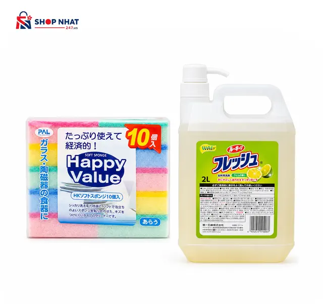 COMBO Làm sạch Bếp - Nước Rửa Chén WAI Rookie-V 2L và Set 10 Miếng Mút Rửa Chén Happy Value Seiwa-Pro