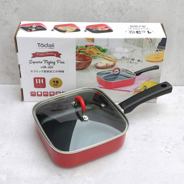 Chảo Vuông Chống Dính Nắp Kính Chịu Nhiệt Màu Đỏ 18cm Todaii Nhật Bản