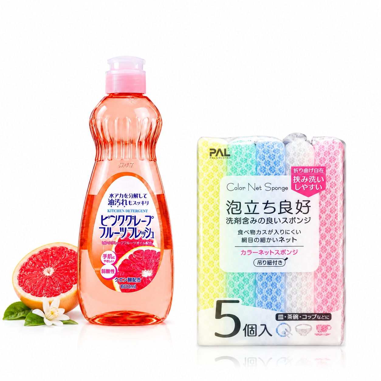 COMBO Làm sạch Bếp - Nước Rửa Chén Rocket Soap Hương Bưởi 600ml & Set 5 Miếng Mút Cọ Rửa Tạo Bọt Bọc Lưới Seiwa Pro Nhật Bản
